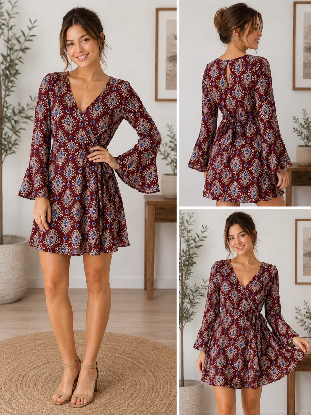 She + Sky Burgundy Bell Sleeve Faux Wrap Dress Size Small